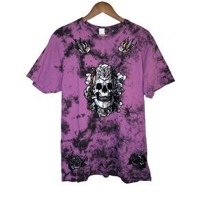 Affliction Men T Shirt Large Tie Dye Skull Rose Velvet Graphic Tattoo Biker Goth